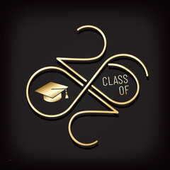 Class of 2026 Glossy Gold Style Logo with Numbers Making Mobius Loop Square Academic Graduation Cap Sign and Lettering - Golden on Black Background - Gradient Graphic Design