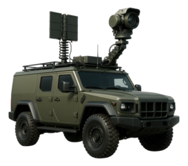 Tactical command vehicle featuring advanced communications and a roof-mounted camera.