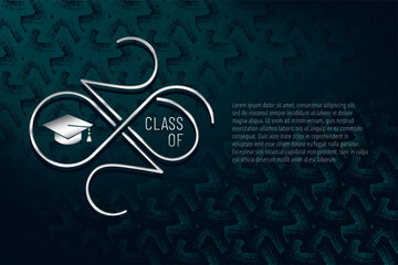 Class of 2026 Metallic Silver Style Numerals Logo with Numbers Making Mobius Loop Square Academic Graduation Cap Sign and Lettering - Chrome on Turquoise Background - Gradient Graphic Design