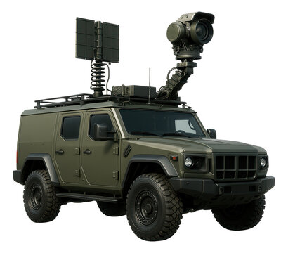 Tactical command vehicle featuring advanced communications and a roof-mounted camera.