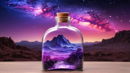 Glass bottle with cork containing mountain landscape and starry night sky background