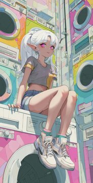 Una joven con cabello plateado posa sobre una pila de lavadoras coloridas en un ambiente surrealista.