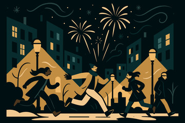 Urban Winter Lightshow. Urban Winter Glow. Warm streetlights and cold blue windows mix as rockets bloom above;