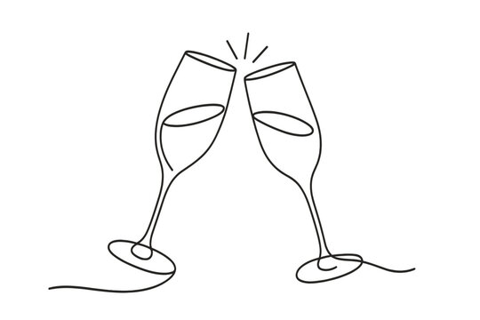 Elegant Champagne Clink. Elegant midnight champagne clink. Minimalistic one-line drawing two glasses raised