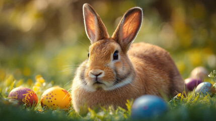 Fototapeta premium Easter Bunny in Garden: A charming bunny amidst an Easter egg hunt in a vibrant garden, embodies the joy and playful spirit of the spring holiday.
