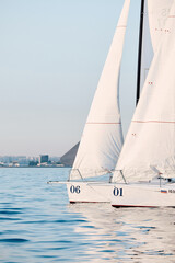 bow of a sailing boats with bowsprit at sailing regatta in the Gulf of Finland at sunny day,...