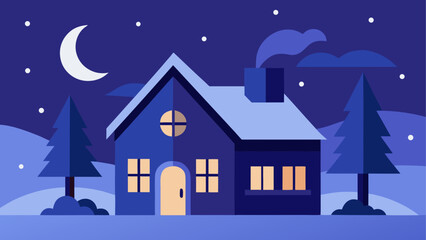 Fototapeta premium A cozy house with warm lights glowing at night under a crescent moon and starry sky