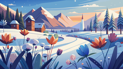 Naklejka premium Vibrant flowers emerge from the snow in a serene winter mountain village landscape