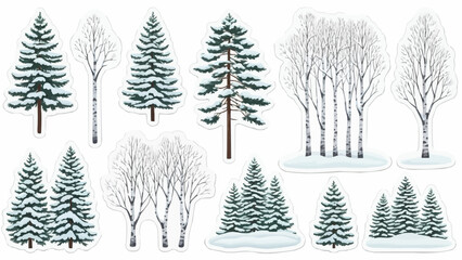 Snowy trees and bare winter landscape illustrations