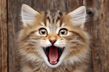 Obraz premium Kitten meowing loudly by a wooden wall