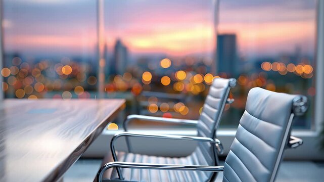 Moderner Konferenzraum mit Blick auf die Stadt bei Abendlicht