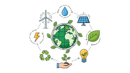 Illustration of renewable energy sources and environmental conservation surrounding the Earth.