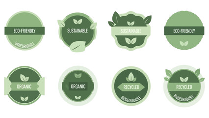 Obraz premium A collection of eight green eco-friendly, sustainable, organic, and recycled product labels with leaf designs, promoting environmental consciousness.