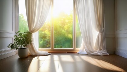 Fototapeta premium defocused window background with white curtains in morning time