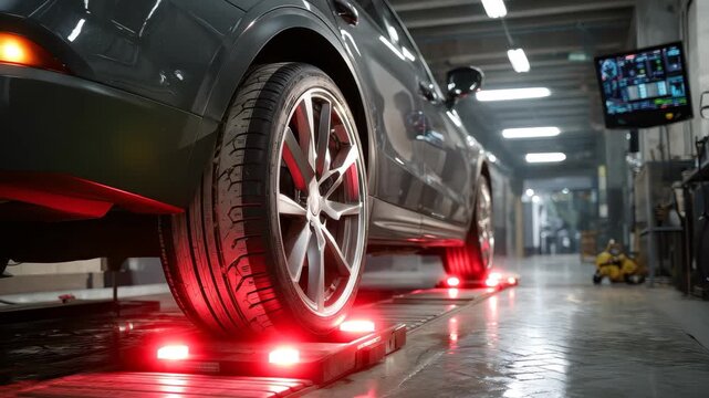 Car wheel alignment process showcasing an auto camber adjustment in a modern workshop environment during daylight hours