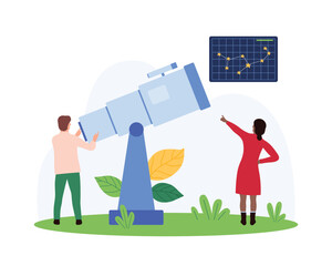 Astronomy research, space discovery and astronomical observation of universe and solar system. Tiny people look through telescope with curiosity at constellation in sky cartoon vector illustration