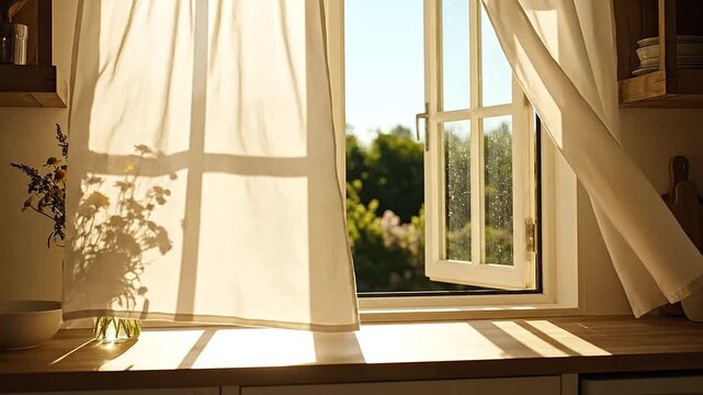 Open window lets a breeze stir curtains in a summer kitchen.