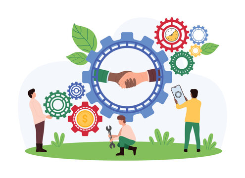 Success partnership, alliance and agreement of partners on meeting, company cooperation. Handshake of big hands inside gear, tiny people work on machine of business process cartoon vector illustration