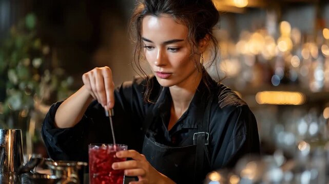 Concentrated woman working behind the bar skillfully shaking a cocktail mix in a stylish urban setting during the evening hours