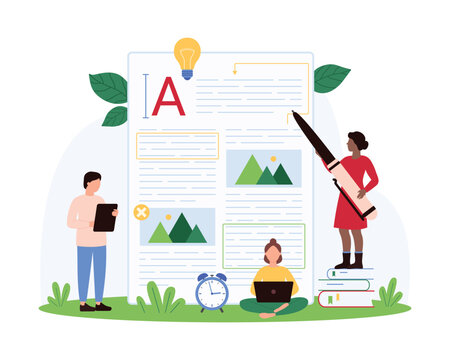 Text correction, blog content and articles writing and editing, proofreading and copywriting. Tiny people with pen check grammar errors and edit problem of document cartoon vector illustration