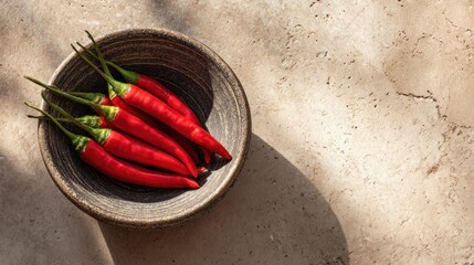 Fresh red chili peppers in ceramic bowl on stone surface with natural sunlight, spicy ingredient and cooking concept for food photography