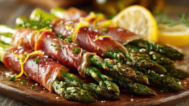 Fresh asparagus spears wrapped in thin slices of prosciutto with lemon garnish, gourmet appetizer and fine dining food concept