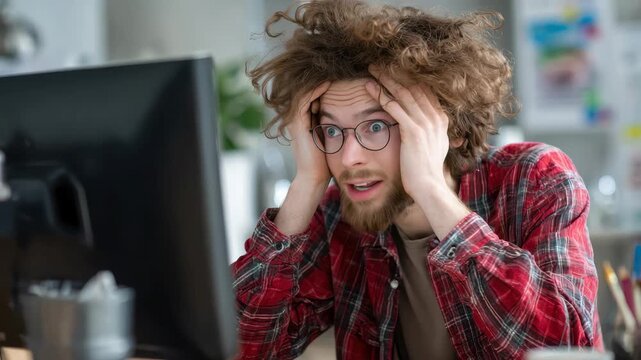 Young man faces frustration while dealing with computer issues at home office during late afternoon