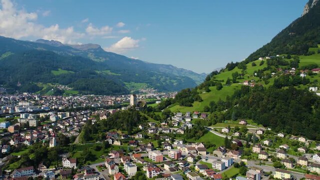An aerial panorama view around the downtown of the city Sargans in Switzerland on a sunny summer day 