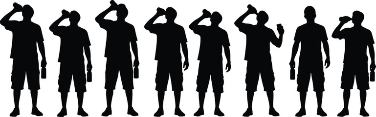 Man drinking water silhouette sequence set showing hydration routine after workout or summer heat black vector illustration collection