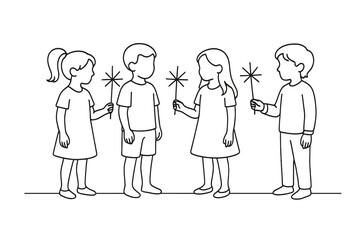 Children with Sparklers. Children with sparklers ready. Minimalistic one-line drawing children holding unlit