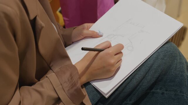 close up hands sketching on sketchbook, freelance illustrator sitting on wooden bench in shopping mall, casual jeans and beige blazer, pencil strokes forming delicate portrait lines, focused creative