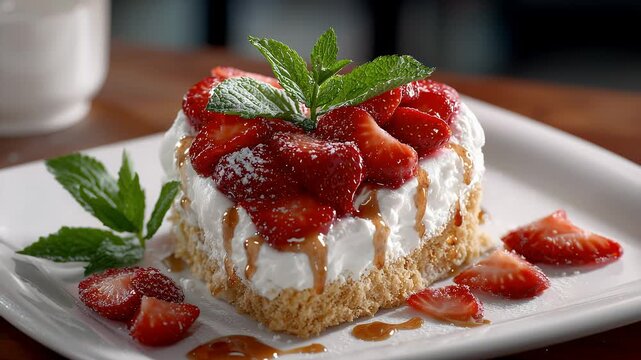 Erdbeer-Dessert mit Sahne und frischer Minze auf hellem Teller