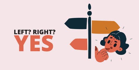 Cartoon vector illustration of a woman choosing her path among signposts with arrows, facing decisions and directions