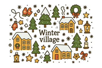 Charming Winter Village. Winter village. Hand-drawn doodle illustration of Winter village. Snowflakes, pine