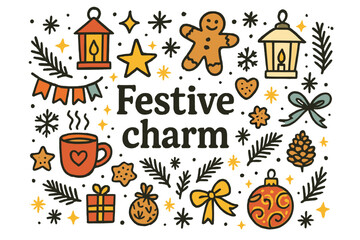 Fototapeta premium Festive Doodle Wonder. Festive charm. Hand-drawn doodle illustration of Festive charm. Lanterns, stars,