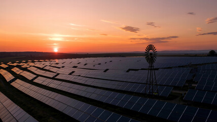 Shadows stretch across the solar panels as the sun sts behind the hills.