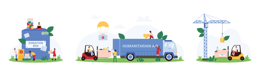 Delivery and logistics of charity non profit organization set. Tiny people donate food and financial help, volunteers load humanitarian aid into truck with forklift cartoon vector illustration