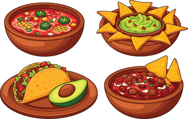 Mexican food illustration set with tacos nachos guacamole salsa and chili dishes isolated on white background colorful vector design