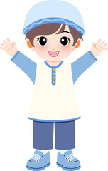 A young boy in traditional attire stands happily with arms raised in a welcoming gesture