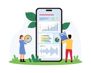 Data analysis, optimization in mobile app. Tiny people research trend or stock market graphs, documents and infographic charts, analytics platform on smartphone screen cartoon vector illustration