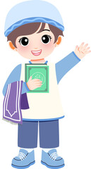 Young student holding a quran and prayer mat 