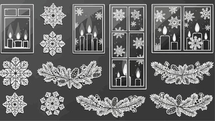 Winter wonderland scene with snowflakes and candles on windows