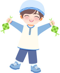 A young boy happily holding ketupat in both hands, celebrating a joyful  ramadan or eid moment