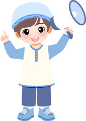 A young boy happily holding megaphone