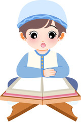 A young boy reads a quran with devotion and concentration in a serene environment.