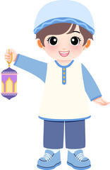 A young child holding a lantern in a joyful gesture
