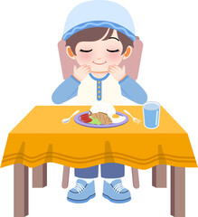 A young child enjoying a meal at a table with food and drink