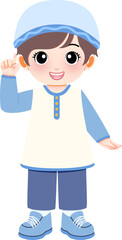 A smiling cartoon child pointing his finger