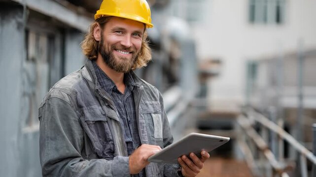 Happy engineer discusses real-time data while holding a tablet at a construction site during daylight hours, showcasing modern technology in engineering