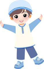 A young boy in traditional attire happily gesturing with outstretched arms in flying pose